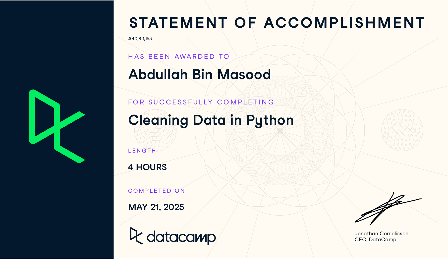 Cleaning Data in Python Certificate