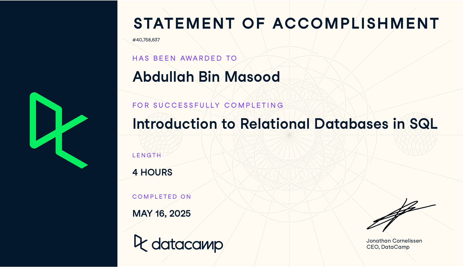 Introduction to Relational Databases in SQL Certificate